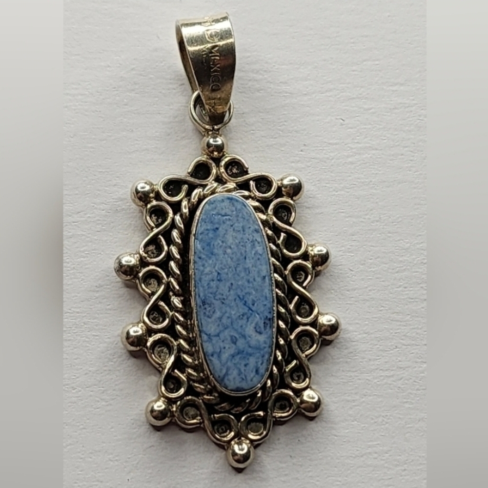 Mexico Sterling Swirling Denim Blue Lapis Ornate Pendant 2in Signed